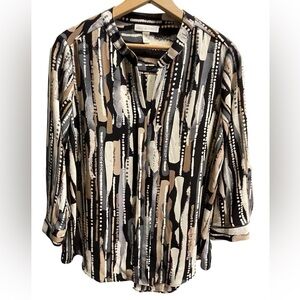 🖤🩶Dana Buchman size M Neutral Stripe Blouse - Black, Brown, Gray & Cream.